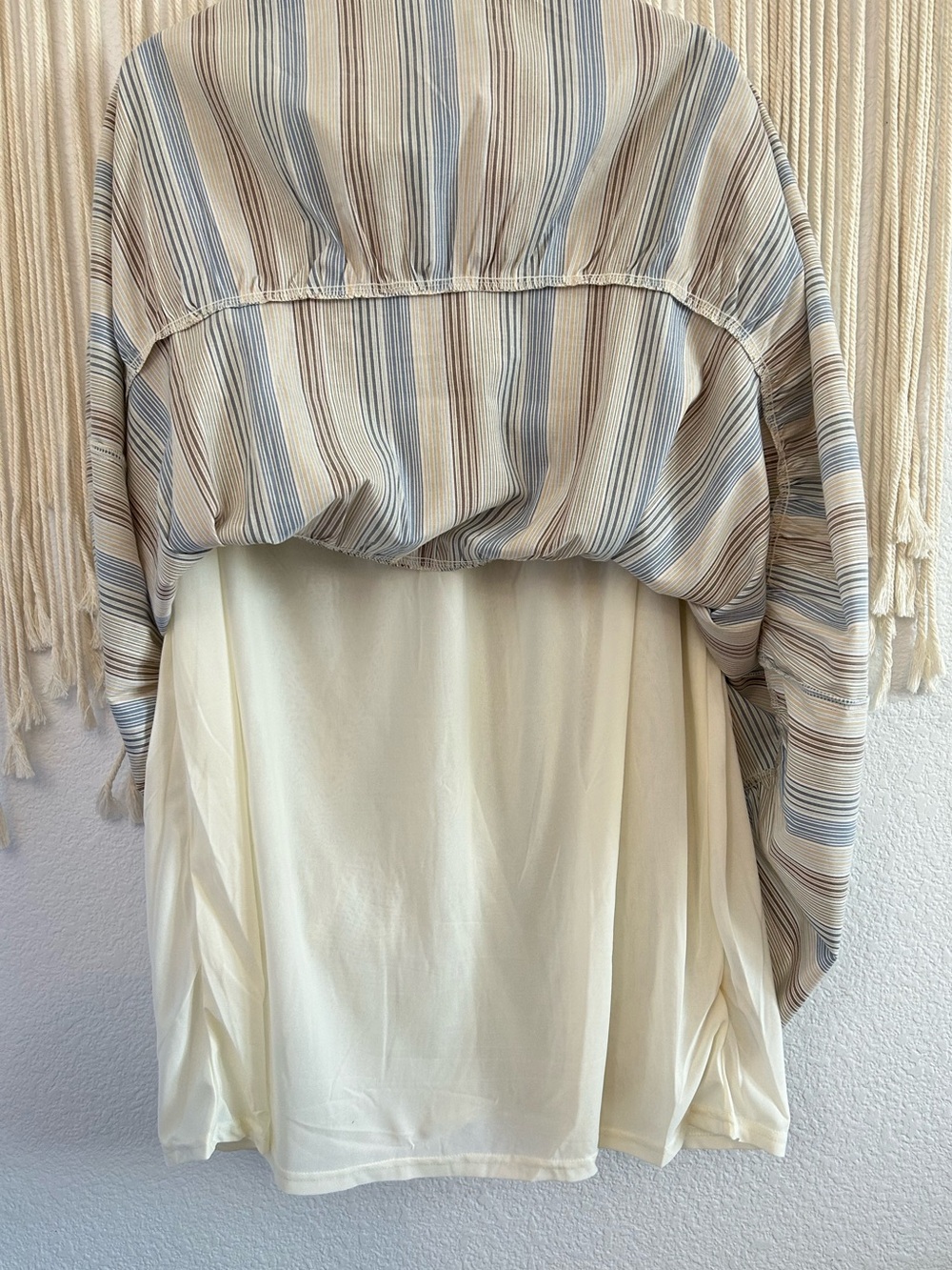 PERCH Striped Tiered Flutter Sleeve Mini Dress Blue & Taupe Flowy Babydoll Dress - Picture 14 of 16